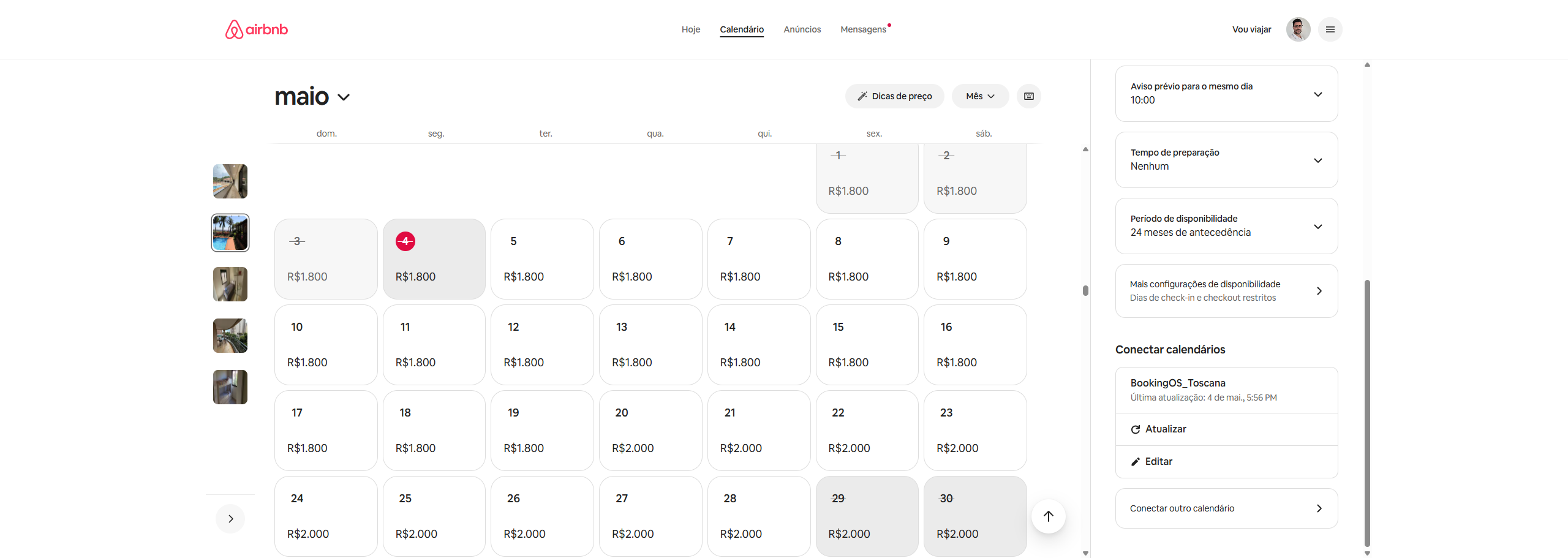 Tela de configuração iCAL na Rezvia