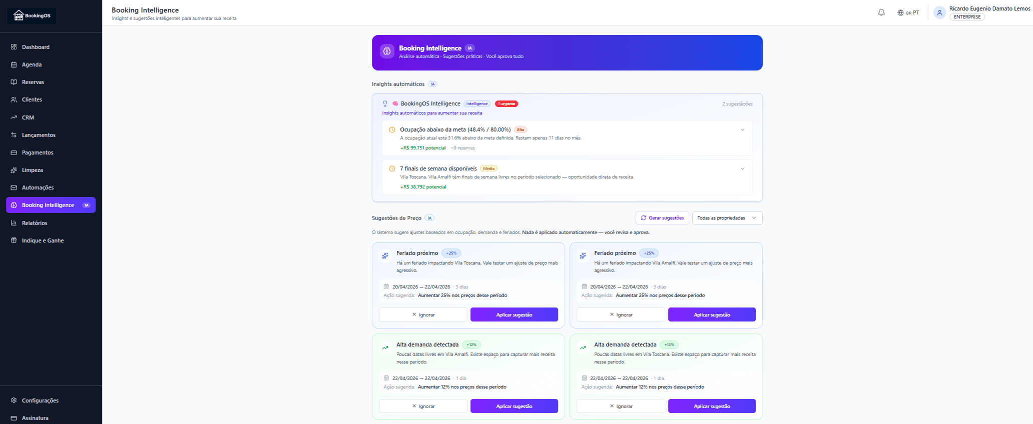Rezvia Intelligence dashboard with pricing insights and recommendations