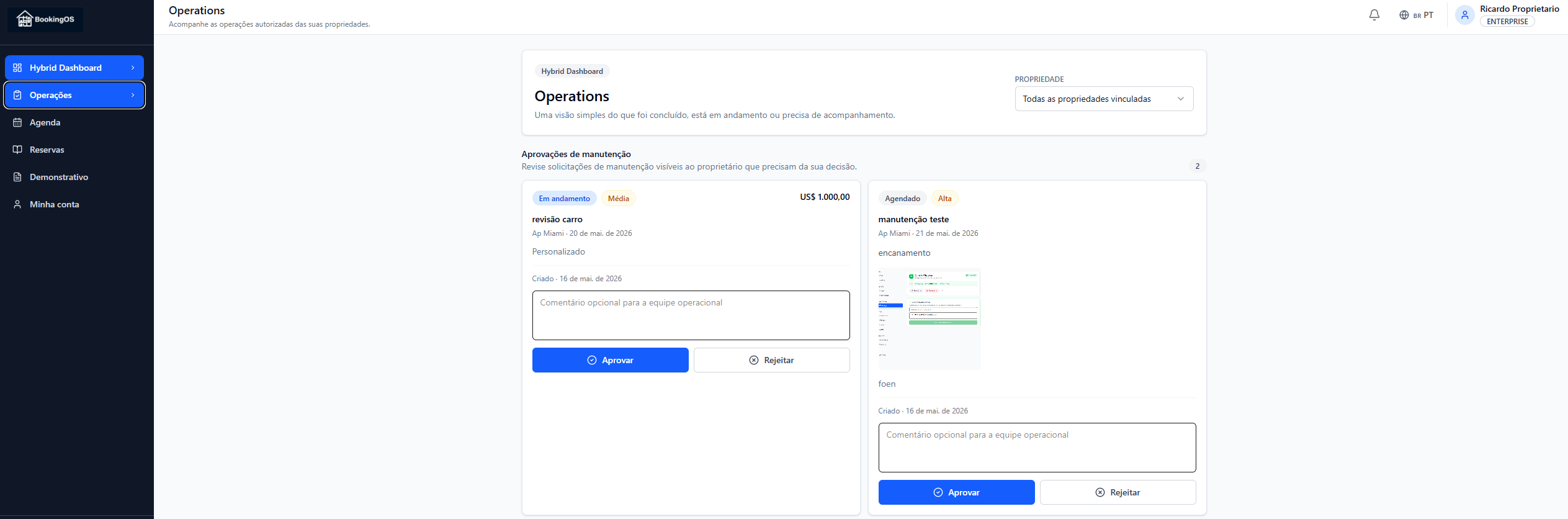 Portal do proprietário com aprovações operacionais.